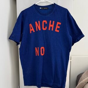 DSQUARED Royal Blue Tee with Bold Orange Lettering. Slim fit